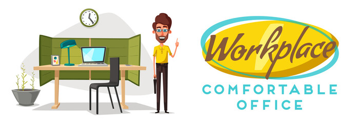Modern workplace. Creative character. Office work. Cartoon vector illustration