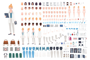 Doctor character constructor. Female doctor creation set. Different postures, hairstyle, face, legs, hands, accessories, clothes collection. Vector cartoon illustration. Woman, front, side, back view.