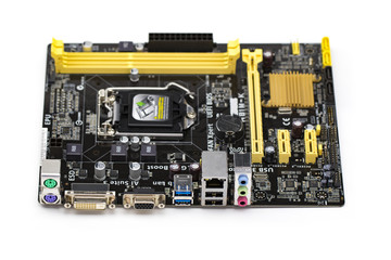 Image of Computer Motherboard on a white background. Equipment and computer hardware