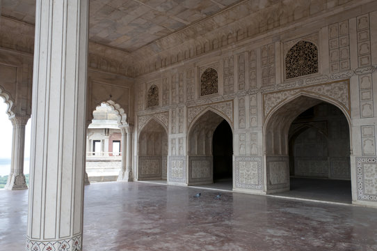 India: Agra Red Fort, a Unesco World Heritage site. Decorated marble walls and doors.