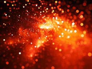 Fiery glowing nebula with stars in bokeh, depth of field