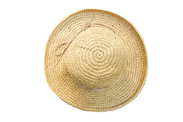 Fototapeta na wymiar Pretty straw hat with bow on white background. Beach hat top view isolated
