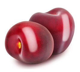 Two fresh ripe red cherries isolated on white background. Design element for product label, catalog print, web use.