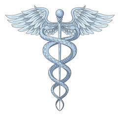 Cadeus Medical medecine pharmacy doctor ancient high detailed symbol. Vector hand drawn linear two snakes with wings sword background.  retro culture hospital old element. Blue navy Tattoo design.