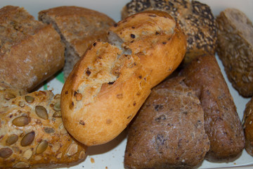 Many mixed breads. Delicious bakery product. Different kind of cereal bakery. Grourmet breakfast.