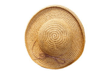 Fototapeta na wymiar Pretty straw hat with bow on white background. Beach hat top view isolated