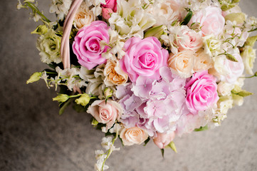 pink and violet fresh roses bunch close up isolated on white