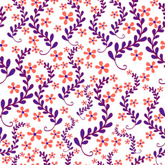 Floral seamless pattern, beautiful, field of small flowers in foliage, pastel color, on white background.