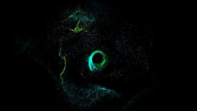 Particles dispersing and twisting. High quality clip rendered on high end computer and graphics card. Sand effect multicolor backdrop. 3d rendering