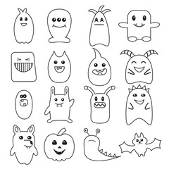 Big set of funny Halloween doodle monsters. Different bacteria, beasts, wolf, pumpkin, bat illustration. Can be used for coloring page, sticker, invitations and cards.