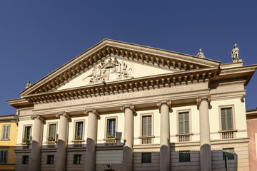 classical gable of old mansion, Vigevano, Italy