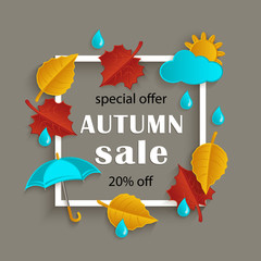 Fall sale, promotion banner with white square frame and red, yellow, orange autumn leaves, flat cartoon vector illustration. Fall sale banner template with flat cartoon autumn leaves