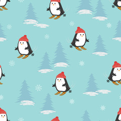 Cute cartoon skiing penguins seamless pattern. Vector winter Christmas background.