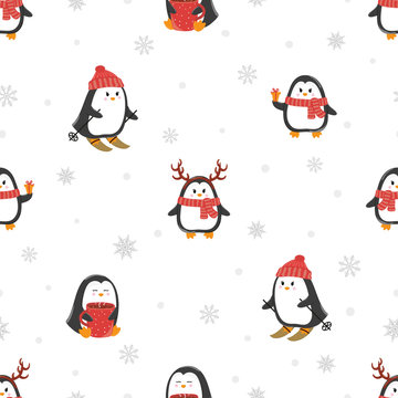 Cute cartoon penguins seamless pattern. Merry Christmas greetings. Vector holiday background.