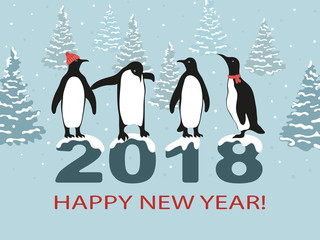 Obraz premium Happy New Year 2018 greeting card design with cute penguins. Vector illustration.