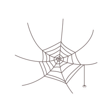 Simple black and white round web with a little, tiny spider hanging from it, isolated cartoon vector illustration. Little spider hanging from its web, Halloween symbol, decoration element