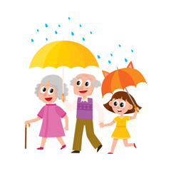 vector grey-haired man and woman walks in the rain happily keeping umbrella in hand. Flat cartoon isolated couple illustration on a white background