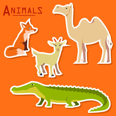 Vector illustration of cute animal set including fox, camel, goat and crocodile.