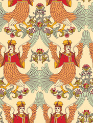 Old Slavic vintage ornament bird seamless pattern.