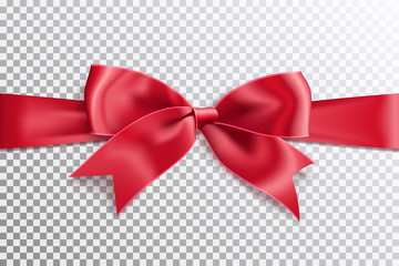 Realistic satin red bow knot on ribbon. Vector illustration icon isolated.