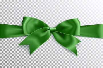 Realistic satin green bow knot on ribbon. Vector illustration icon isolated.