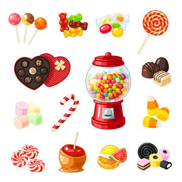 Set single cartoon candies: lollipop, candy cane, bonbon, marmalade teddy bear, licorice, candied fruit, gumball machine, candy apple, caramel. Vector illustration flat icon isolated on white.