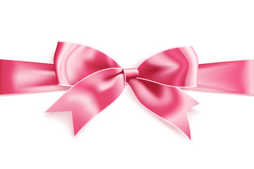 Realistic satin pink bow knot on ribbon. Vector illustration icon isolated on white.