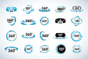 360 Degrees View Vector Icons set. Virtual reality icons. Isolated vector illustrations. Blue Color version. - obrazy, fototapety, plakaty