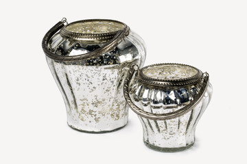 TWO DECORATIVE ROUND SILVER GLASS BUCKETS CANDLE HOLDER
