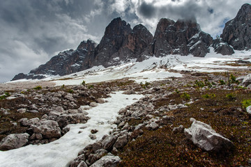 Fototapeta na wymiar High snowy mountains, nature landscape. Dolomites Alps