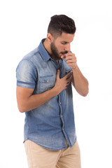 Handsome tired beard young man coughing, guy wearing jeans shirt, isolated on white background