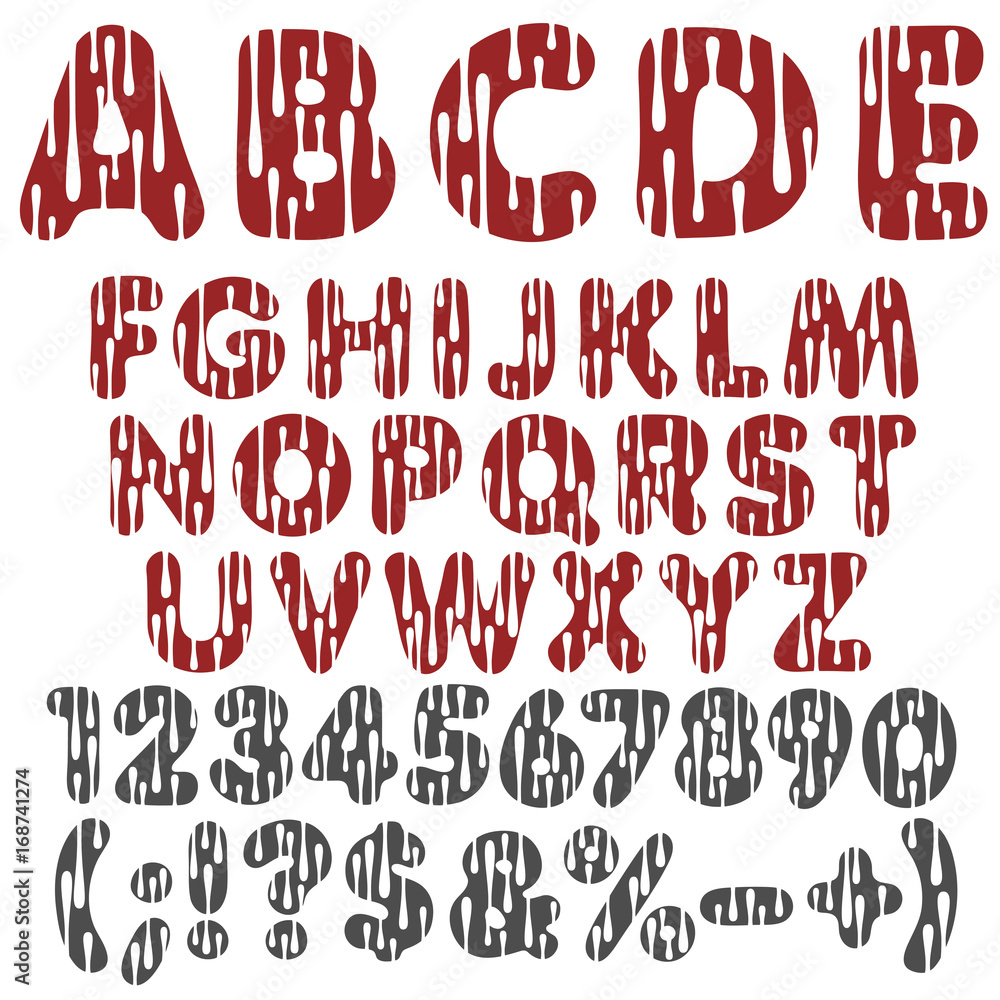 Poster alphabet, letters, numbers and signs with drops. isolated vector objects on a white background.
