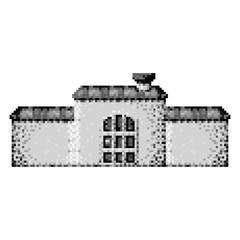 monochrome pixelated castle house with roof and big door