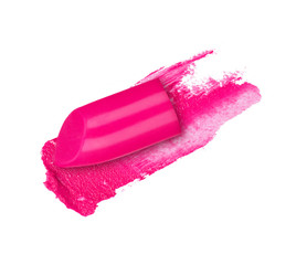 Pink lipstick smear with a slice of lipstick closeup, isolated on a white background