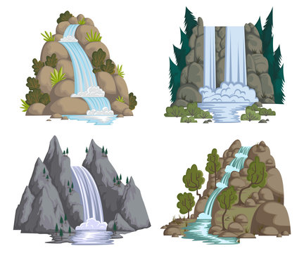 Waterfalls set. Cartoon landscapes with mountains and trees. Vector illustration