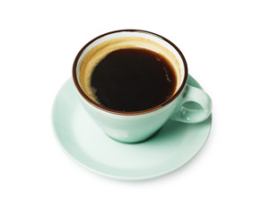 Espresso or americano, black coffee cup above on white background