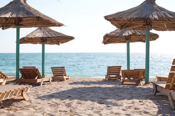 Sunbeds and umbrellas on the romanian seaside