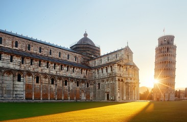 Leaning tower cathedral sunrise in Pisa