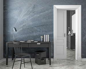 Classic style work place interior mock up with chalkboard wall, table, chair, door. 3D render illustration.