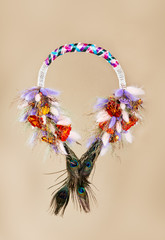 Wedding bouquet of the bride against a golden fabric