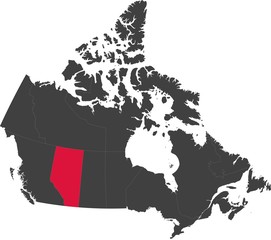 Map of Canada split into individual provinces. Highlighted province of Alberta.