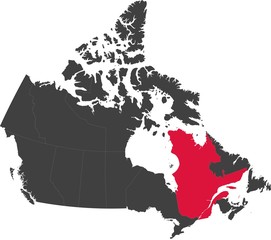 Map of Canada split into individual provinces. Highlighted province of Quebec.