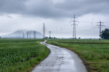 Rural road and power lines among fields.