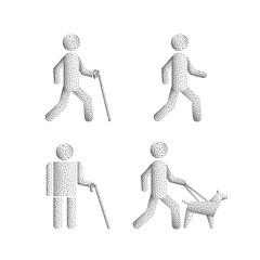 Set of icons stick figure with blind people, the silhouette of a human figure with a white cane and a seeing eye dog. Vector person visually impaired the blind