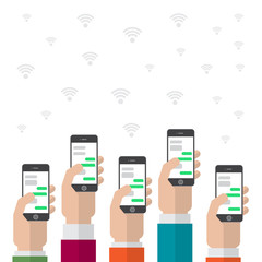 the concept of peoples dependence on social networking and Internet access. People are holding smartphones in access the Internet network Wi-Fi. vector flat style vector isolated on white background
