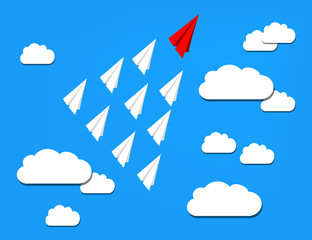 Red Paper Airplane out from the White Ones. Leadership, Winner Concept. Flat Illustration