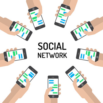 Design concept of the banner on the theme of human communication in social networks. The hands of the people who are holding the smartphone in a circle.