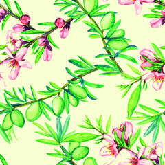 Almond branch with flowers and nuts, seamless pattern design, hand painted watercolor illustration, yellow background