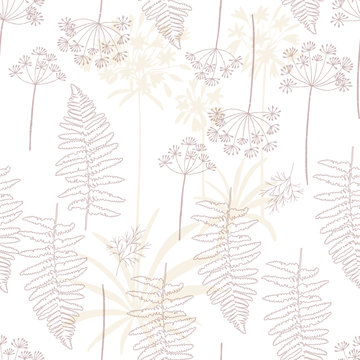 Floral vector seamless pattern with hand drawn dill and african lily flowers and fern leaves.