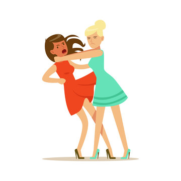 Two young women characters fighting and quarelling, negative emotions concept vector Illustration